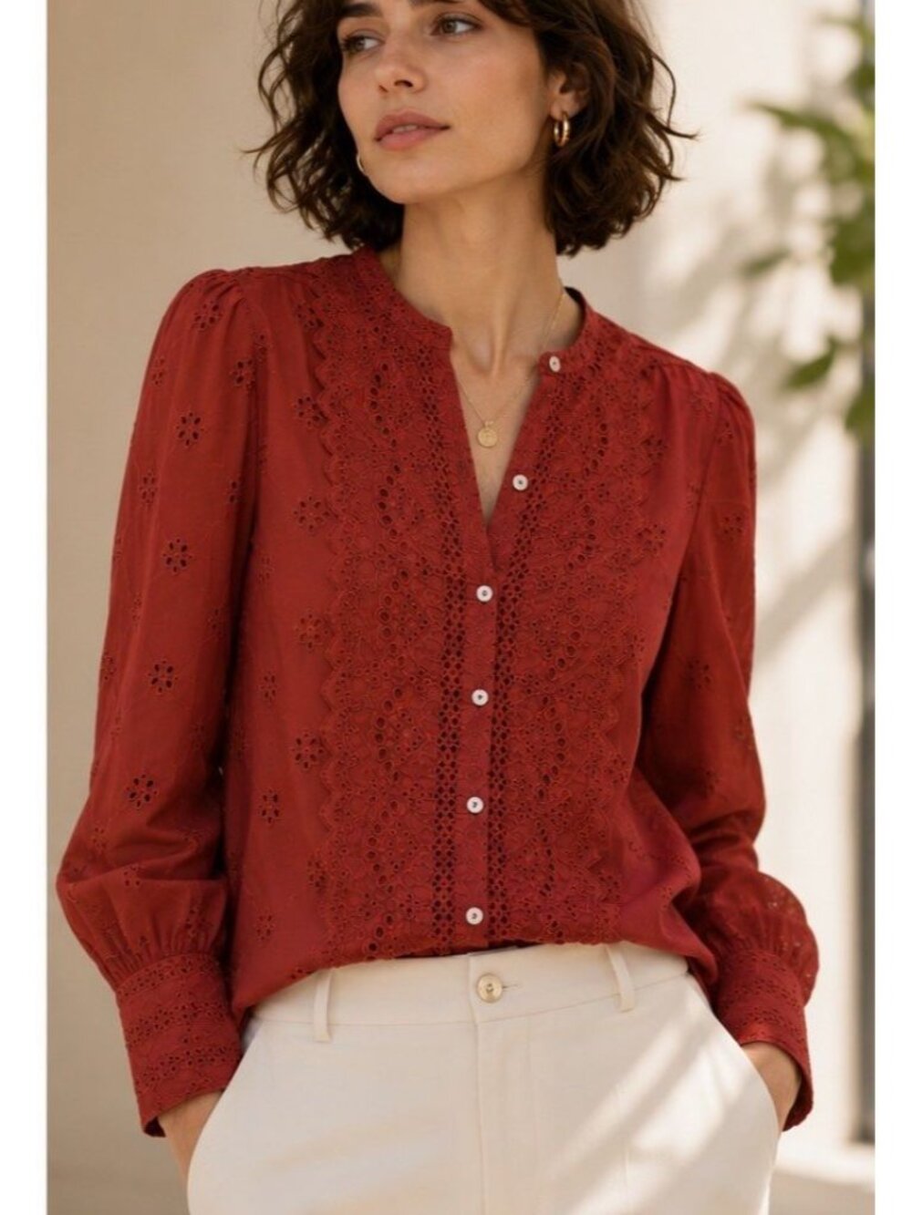 INDUSTRY Eyelet Button Up Blouse Top Peasant Cottage Victorian Career Office MED